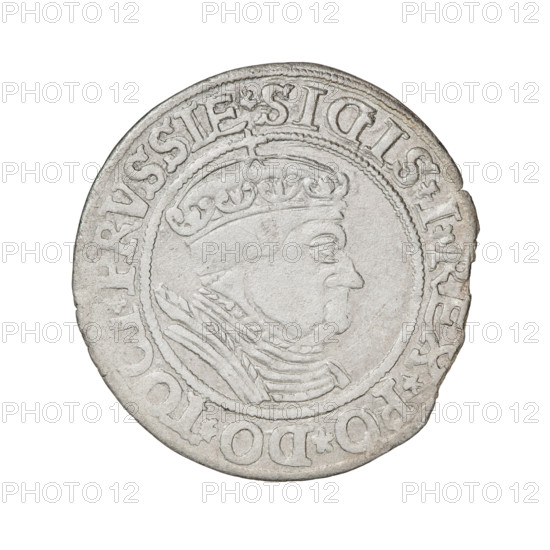 Prussian grosz, Sigismund I the Old (King of Poland; 1506–1548); obverse: crowned male bust in profile turned to the right, rim inscription: .SIGIS.I.REX.PO.DO.TOCI.PRVSSIE Rw.; reverse: the Eagle of Royal Prussia, rim inscription: .GROSS.COMV.TERR.PRVSSIE.1534; date: 1534; Torun, Poland; coin.