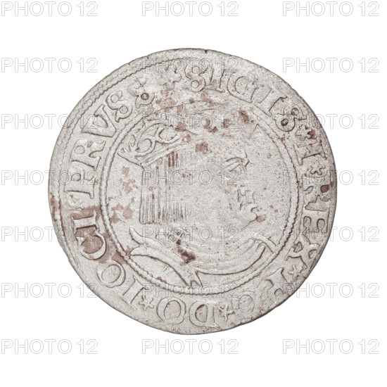 Prussian grosz, Sigismund I the Old (King of Poland; 1506–1548). Obverse: Crowned male bust in profile turned to the right; in the rim between pearly borders an inscription: .SIGIS.I.REX.PO.DO.TOCI.PRVSS Rv: The Eagle of Royal Prussia; in the rim between the pearl borders the inscription: .GROSS.COMV.TERR.PRVSS.1530. Date: 1530. Place: Torun, Poland. Subjects/emblems: eagles, Jagiellonian dynasty, royal bust, male busts; iconography of Sigismund I the Old. Coin; Prussian grosz.
