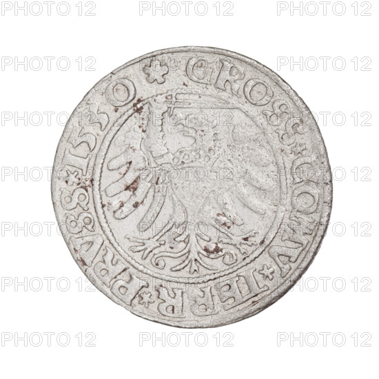 Prussian grosz, Sigismund I the Old (King of Poland; 1506–1548). Obverse: Crowned male bust in profile turned to the right, in the rim between pearly borders an inscription: .SIGIS.I.REX.PO.DO.TOCI.PRVSS Rw. Reverse: The Eagle of Royal Prussia, in the rim between the pearl borders the inscription: .GROSS.COMV.TERR.PRVSS.1530. Dated 1530, Torun, Poland; coin.