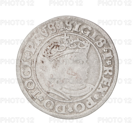 Prussian grosz, Sigismund I the Old (King of Poland; 1506–1548). Obverse: Crowned male bust in profile turned to the right, in the rim between pearl borders an inscription: .SIGIS.I.REX.PO.DO.TOCI.PRVS. Reverse: The Eagle of Royal Prussia, in the rim between the pearl borders the inscription: GROS.COMV.TERR.PRVS.1530. 1530, Torun, Poland. Subjects: eagles, Polish coins, Jagiellonians (dynasty), emblems, Eagle (emblem), male busts, royal bust, Sigismund I the Old — iconography. Materials/function: coin.