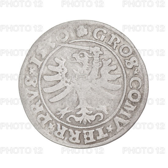 Prussian grosz, Sigismund I the Old (King of Poland; 1506–1548). Obverse: Crowned male bust in profile turned to the right; in the rim between pearl borders an inscription: .SIGIS.I.REX.PO.DO.TOCI.PRVS. Reverse: The Eagle of Royal Prussia; in the rim between the pearl borders the inscription: GROS.COMV.TERR.PRVS.1530. 1530. Torun, Poland. Coin.
