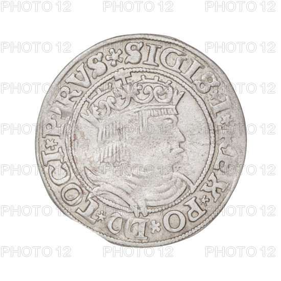 Prussian grosz, Sigismund I the Old (King of Poland; 1506–1548). Silver coin, 1531. Obverse: crowned male bust in profile turned to the right, rim inscription .SIGIS.I.REX.PO. Reverse: the Eagle of Royal Prussia, rim inscription SS.CO, ERR.PRVSS.RVSS153. Iconography: eagles, emblems, royal/male bust; Jagiellonian dynasty. Minted in Torun, Poland.