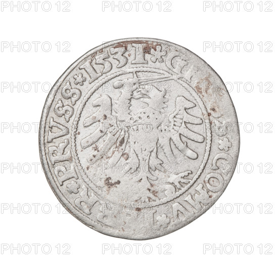Prussian grosz, Sigismund I the Old (King of Poland; 1506–1548). Obverse: Crowned male bust in profile turned to the right; in the rim between the pearl borders an inscription: .SIGIS.I.REX., O.DO.TO, RVS Rw. Reverse: The Eagle of Royal Prussia; in the rim between the pearl borders the inscription: GR, S.COMV., RR.PRVSS. 1531. Torun, Poland. Coin.