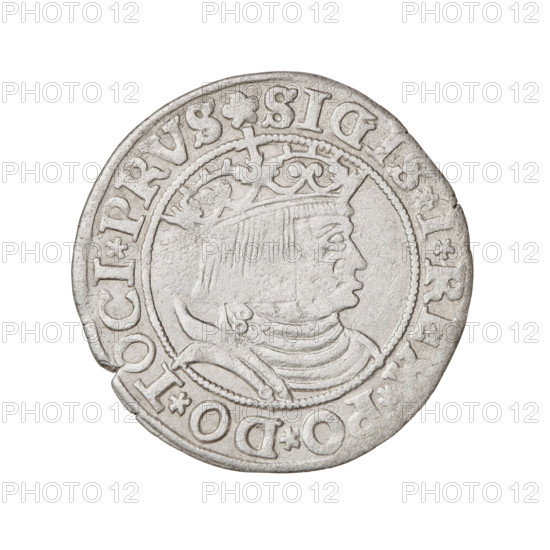 Prussian grosz, Sigismund I the Old (King of Poland; 1506–1548). Obverse: Crowned male bust in profile turned to the right; in the rim between pearl borders an inscription: .SIGIS.I.REX.PO.DO.TOCI.PRVS. Reverse: The Eagle of Royal Prussia; in the rim between the pearl borders the inscription: ROSS.COMV.TERR.PRVS. Date: 1531. Mint/place: Torun, Poland. Subject: eagles, emblems, male/royal bust; style/iconography: Jagiellonian dynasty, Sigismund I the Old iconography. Material: coin.
