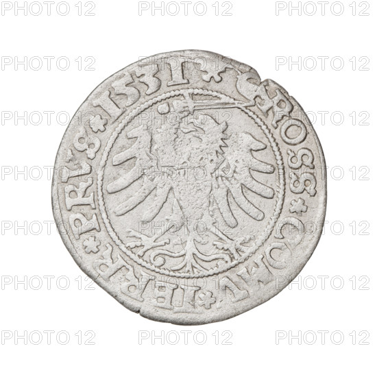Prussian grosz, Sigismund I the Old (King of Poland; 1506–1548). Obverse: Crowned male bust in profile turned to the right; in the rim between pearl borders an inscription: .SIGIS.I.REX.PO.DO.TOCI.PRVS. Reverse: The Eagle of Royal Prussia; in the rim between the pearl borders the inscription: ROSS.COMV.TERR.PRVS. 1531. Torun, Poland. Coin.
