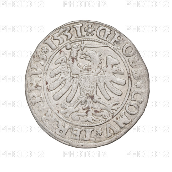 Prussian grosz, Sigismund I the Old (King of Poland; 1506–1548); 1531. Obverse: Crowned male bust in profile facing right, rim inscription: .SIGIS.I.REX.PO.DO.TOCI. Reverse: The Eagle of Royal Prussia, rim inscription: .GROSS.COMV.TERR.PRVS.1531. Torun, Poland. Subjects/attributes: eagles, Polish coins, Jagiellonian dynasty, emblems, male/royal bust; iconography of Sigismund I the Old. Materials: coin.