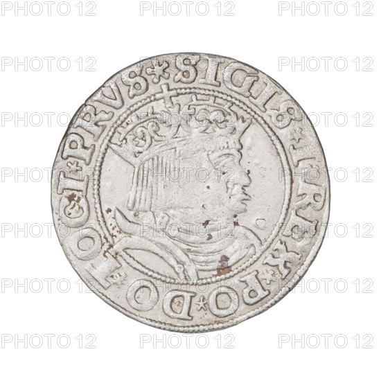 Prussian grosz, Sigismund I the Old (King of Poland; 1506–1548). Obverse: Crowned male bust in profile turned to the right; in the rim between pearl borders an inscription: .SIGIS.I.REX.PO.DO.TOCI.PRVS. Reverse: The Eagle of Royal Prussia; in the rim between the pearl borders the inscription: .GROSS.COMV.TERR.PRVSS.1531. Dated 1531, Torun, Poland. Subjects/attributes: eagles, Polish coins, Jagiellonians (dynasty), emblems, Eagle (emblem), male busts, royal bust, iconography of Sigismund I the Old. Materials/function: coin.