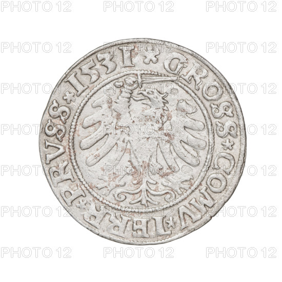 Prussian grosz, Sigismund I the Old (King of Poland; 1506–1548); obverse: crowned male bust in profile turned to the right, rim inscription '.SIGIS.I.REX.PO.DO.TOCI.PRVS'; reverse: the Eagle of Royal Prussia, rim inscription '.GROSS.COMV.TERR.PRVSS.1531'; 1531; Torun, Poland; coin.