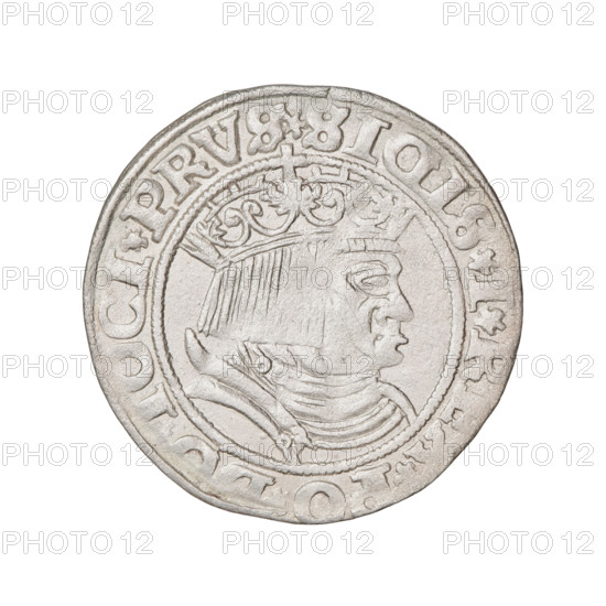 Prussian grosz, Sigismund I the Old (King of Poland; 1506–1548). Obverse: Crowned male bust in profile turned to the right, in the rim between pearly borders an inscription: .SIGIS.IR, .PO., OCI.PRVS Rw. Reverse: The Eagle of Royal Prussia, in the rim between the pearl borders the inscription: .GROSS.COMV.TERR.PRVSS.1531. Dated 1531, Torun, Poland. Subjects/emblems: eagles, Jagiellonian dynasty, emblems, male/royal bust; iconography of Sigismund I the Old. Material: coin.