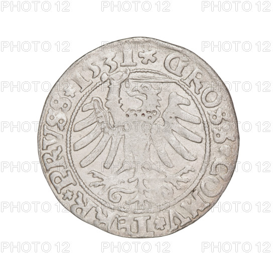Prussian grosz, Sigismund I the Old (King of Poland; 1506–1548); silver coin (1531). Obverse: Crowned male bust in profile turned to the right, rim between pearly borders with inscription '.SIGIS.IR .PO. OCI.PRVS Rw.' Reverse: The Eagle of Royal Prussia, rim between pearly borders with inscription '.GROSS.COMV.TERR.PRVSS.1531'. Torun, Poland. Subjects/attributes: eagles, emblems, Eagle (emblem), male/royal bust, Jagiellonian dynasty, iconography of Sigismund I the Old.