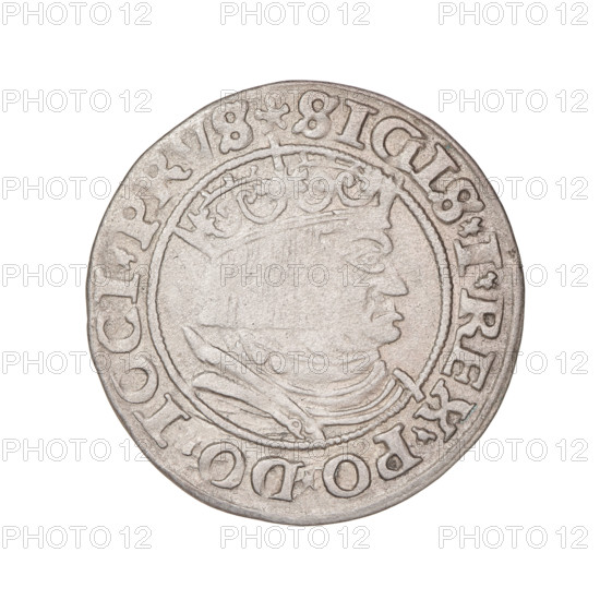 Prussian grosz, Sigismund I the Old (King of Poland; 1506–1548); obverse: crowned male bust in profile turned to the right, in the rim between pearl borders an inscription: .SIGIS.I.REX.PO.DO.TOCI.PRVS; reverse: the Eagle of Royal Prussia, in the rim between the pearl borders the inscription: .GROSS.COMV.TERR.PRVSS.1531; 1531; Torun, Poland; coin.