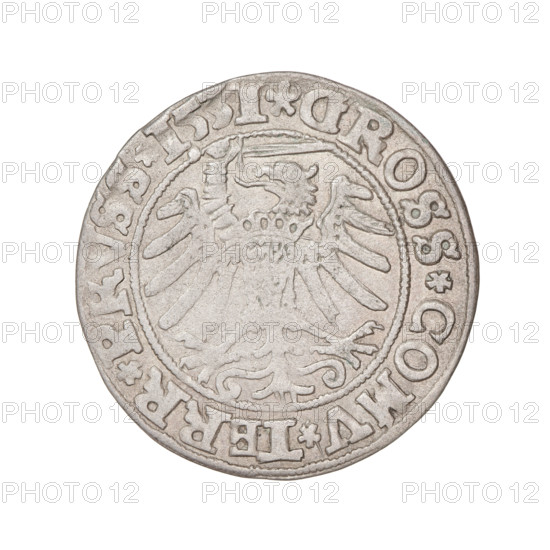 Prussian grosz, Sigismund I the Old (King of Poland; 1506–1548); 1531. Obverse: Crowned male bust in profile turned to the right, rim inscription: .SIGIS.I.REX.PO.DO.TOCI.PRVS. Reverse: The Eagle of Royal Prussia, rim inscription: .GROSS.COMV.TERR.PRVSS.1531. Torun, Poland. Coin.