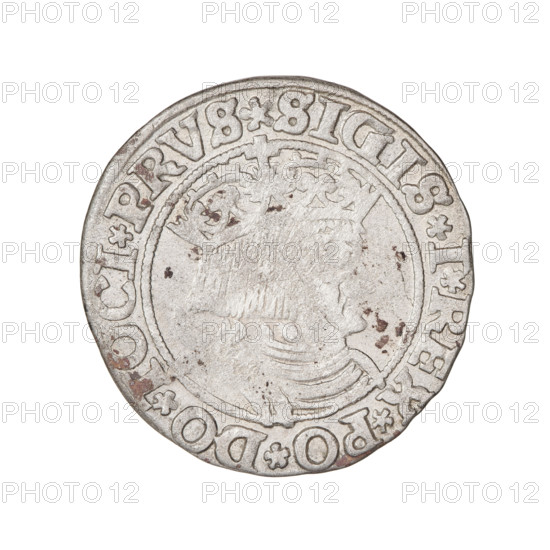 Prussian grosz, Sigismund I the Old (King of Poland; 1506–1548). Obverse: Crowned male bust in profile turned to the right, in the rim between pearl borders an inscription: .SIGIS.I.REX.PO.DO.TOCI.PRVS. Reverse: The Eagle of Royal Prussia, in the rim between the pearl borders the inscription: .GROSS.COMV.TERR.PRVSS.1531. Date: 1531. Place: Torun, Poland. Subjects/ motifs: eagles, emblems, male/royal bust, Jagiellonian dynasty; iconography of Sigismund I the Old. Material/object: coin (Prussian grosz).