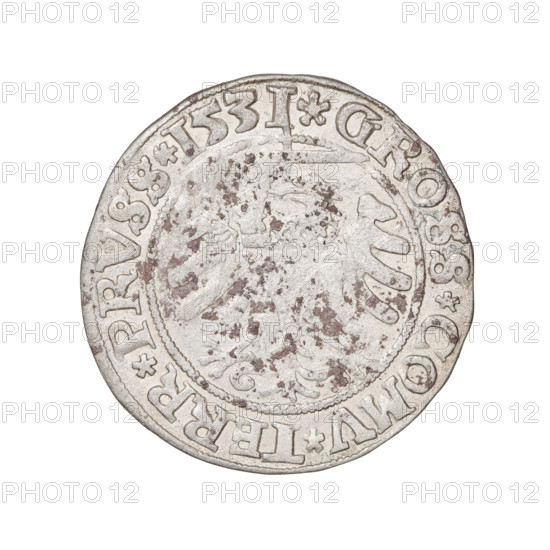 Prussian grosz, Sigismund I the Old (King of Poland; 1506–1548); silver coin, 1531. Obverse: Crowned male bust in profile turned to the right; rim between pearl borders with inscription '.SIGIS.I.REX.PO.DO.TOCI.PRVS'. Reverse: Eagle of Royal Prussia; rim between pearl borders with inscription '.GROSS.COMV.TERR.PRVSS.1531'. Torun, Poland.