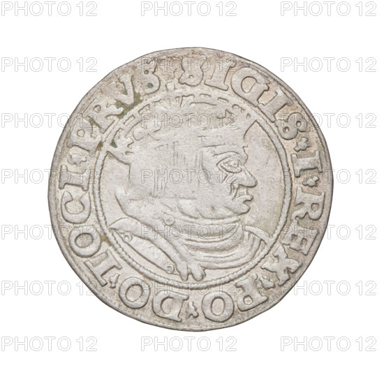 Prussian grosz, Sigismund I the Old (King of Poland; 1506–1548). Obverse: Crowned male bust in profile turned to the right; in the rim between pearl borders an inscription: .SIGIS.I.REX.PO.DO.TOCI.PRVS. Reverse: The Eagle of Royal Prussia; in the rim between the pearl borders the inscription: .GROSS.COMV.TERR.PRVS.1531. Dated 1531, Torun, Poland. Subjects: eagles, Jagiellonians dynasty, emblems, Eagle (emblem), male/royal bust; style/iconography: Sigismund I the Old (1467–1548) — iconography; medium: coin.