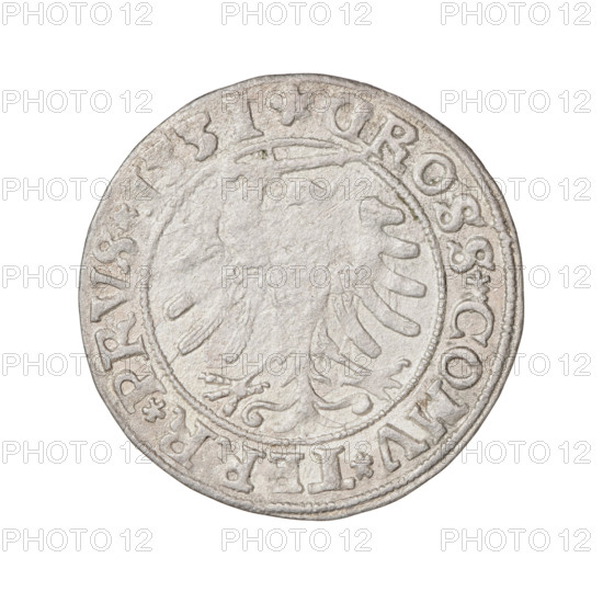Prussian grosz, Sigismund I the Old (King of Poland; 1506–1548). Obverse: Crowned royal bust in profile facing right, rim inscription: .SIGIS.I.REX.PO.DO.TOCI.PRVS. Reverse: Eagle of Royal Prussia, rim inscription: .GROSS.COMV.TERR.PRVS.1531. 1531, Torun, Poland. Subjects/emblems: eagles, Polish coins, Jagiellonian dynasty, royal male bust; iconography of Sigismund I the Old.