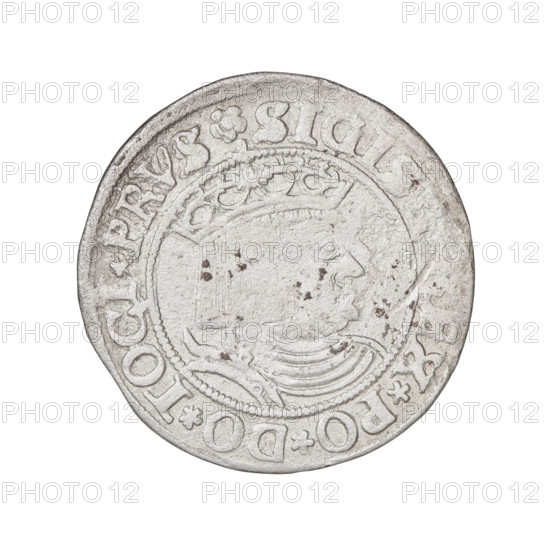 Prussian grosz, Sigismund I the Old (King of Poland; 1506–1548); obverse: crowned male bust in profile turned to the right, rim between pearl borders with inscription '.SIGIS, EX.PO.DO.TOCI.PRVS'; reverse: the Eagle of Royal Prussia, rim between pearl borders with inscription 'G, S, .COMV.TERR.PRVSS. 1531'; 1531; Torun, Poland.