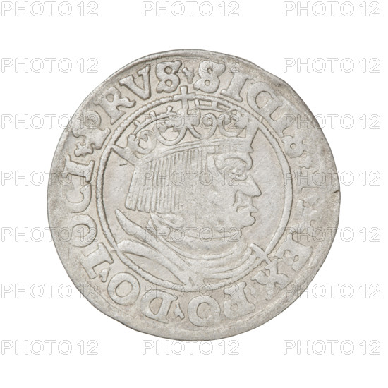 Prussian grosz, Sigismund I the Old (King of Poland; 1506–1548). Obverse: Crowned male bust in profile turned to the right; in the rim between pearl borders an inscription: .SIGIS.I.REX.PO.DO.TOCI.PRVS. Reverse: The Eagle of Royal Prussia; in the rim between the pearl borders the inscription: GROS,.COMV.TERR.PRVSS.153Z. 1532. Torun, Poland. Themes/subjects: eagles, Polish coins, Jagiellonian dynasty emblems, eagle (emblem), male/royal bust; iconography of Sigismund I the Old. Materials/style: coin.