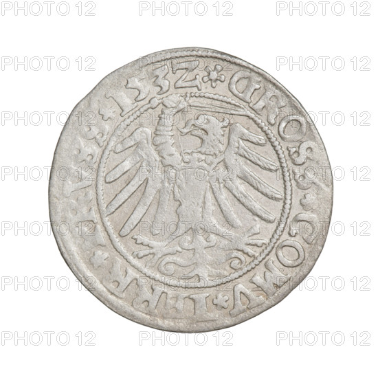 Prussian grosz, Sigismund I the Old (King of Poland; 1506–1548). Obverse: Crowned male bust in profile turned to the right; in the rim between pearl borders an inscription: .SIGIS.I.REX.PO.DO.TOCI.PRVS. Reverse: The Eagle of Royal Prussia; in the rim between the pearl borders the inscription: GROS.COMV.TERR.PRVSS.153Z. Dated 1532. Torun, Poland. Subjects/emblems: eagles, emblems, royal bust, male busts; dynasty: Jagiellonians; iconography: Sigismund I the Old (1467–1548). Coin.