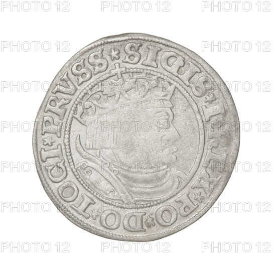 Prussian grosz, Sigismund I the Old (King of Poland; 1506–1548); 1532. Obverse: crowned male bust in profile turned to the right, rim inscription: .SIGIS.I.REX.PO.DO.TOCI.PRVSS Rw. Reverse: the Eagle of Royal Prussia, rim inscription: .GROSS.COMV.TERR.PRVSS. Materials: coin; motifs: eagles, royal bust, emblems; iconography: Sigismund I the Old (1467–1548). Place: Torun, Poland.