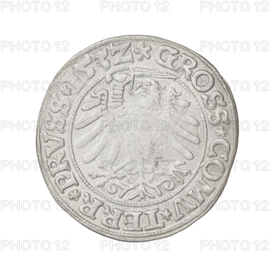 Prussian grosz, Sigismund I the Old (King of Poland; 1506–1548); obverse: crowned male bust in profile turned to the right, in the rim between pearly borders an inscription: .SIGIS.I.REX.PO.DO.TOCI.PRVSS Rw.; reverse: the Eagle of Royal Prussia, in the rim between the pearl borders the inscription: .GROSS.COMV.TERR.PRVSS.153Z; dated 1532; silver coin struck in Torun, Poland.