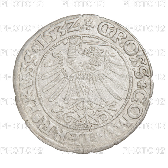 Prussian grosz, Sigismund I the Old (King of Poland; 1506–1548). Obverse: Crowned male bust in profile facing right, rim inscription: .SIGIS.I., .PO.DO.TOCI.PRVSSI. Reverse: The Eagle of Royal Prussia, rim inscription: .GROSS.COM, .TERR.PRVSS.153Z. Date: 1532. Material: coin. Place: Torun, Poland. Subjects/emblems: eagles, royal bust, Jagiellonian dynasty, emblems; iconography of Sigismund I the Old (1467–1548).