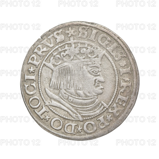 Prussian grosz, Sigismund I the Old (King of Poland; 1506–1548); subject: crowned male bust in profile turned to the right (obverse) with inscription in rim between pearl borders: .SIGIS.I.REX.PO.DO.TOCI.PRVS; reverse: Royal Prussian Eagle with inscription in rim between pearl borders: .GROSS.COMV.TERR.PRVSSIE.153Z; dated 1532; material: coin; place: Torun, Poland; iconography: eagles, Jagiellon dynasty emblems, royal bust; inscriptions as given.