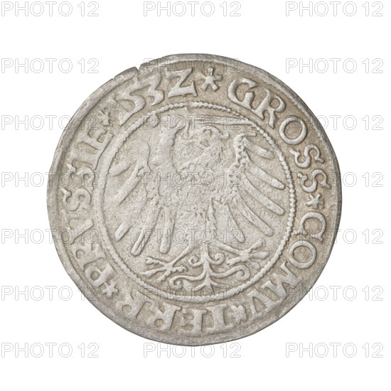 Prussian grosz, Sigismund I the Old (King of Poland; 1506–1548), eagles, Polish coins, Jagiellons (dynasty), emblems, Eagle (emblem), male busts, royal bust, Sigismund I the Old (King of Poland; 1467–1548) - iconography. Obv.: Crowned male bust in profile turned to the right, in the rim between pearl borders inscription: .SIGIS.I.REX.PO.DO.TOCI.PRVS. Rev.: Royal Prussian Eagle, in the rim between pearl borders inscription: .GROSS.COMV.TERR.PRVSSIE.153Z. 1532, Poland, Torun, coin