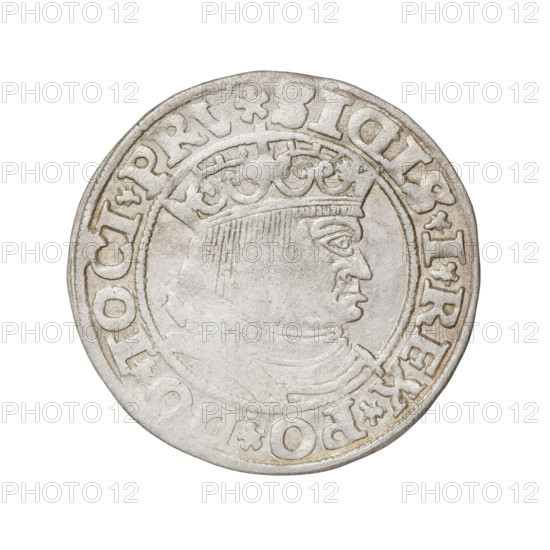 Prussian grosz, Sigismund I the Old (King of Poland; 1506–1548); silver coin, 1532, Torun, Poland. Obverse: Crowned male bust in profile facing right; rim inscription: .SIGIS.I.REX.PO.DO.TOCI.PRVS. Reverse: Eagle of Royal Prussia; rim inscription: .GROSS.COMV.TERR.PRVSS.153Z. Iconography: eagles, royal bust, inscriptions; Jagiellonian dynasty emblems.