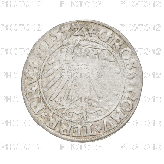 Prussian grosz, Sigismund I the Old (King of Poland; 1506–1548). Obverse: Crowned male bust in profile turned to the right; in the rim between pearl borders an inscription: .SIGIS.I.REX.PO.DO.TOCI.PRVS. Reverse: The Eagle of Royal Prussia; in the rim between the pearl borders the inscription: .GROSS.COMV.TERR.PRVSS.153Z. 1532. Torun, Poland. Subjects/themes: eagles, Polish coins, Jagiellonians (dynasty), emblems, Eagle (emblem), male/royal bust; iconography of Sigismund I the Old. Materials/function: coin.