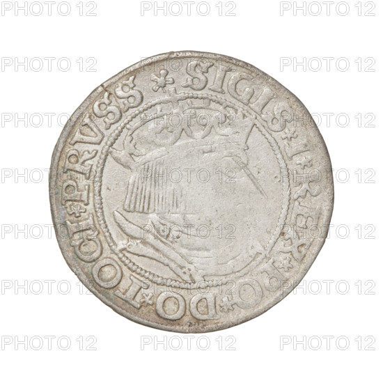 Prussian grosz, Sigismund I the Old (King of Poland; 1506–1548). Obverse: Crowned male bust in profile turned to the right, in the rim between pearly borders an inscription: .SIGIS.I.REX.PO.DO.TOCI.PRVSS Rw. Reverse: The Eagle of Royal Prussia, in the rim between the pearl borders the inscription: .GROSS.COMV.TERR.PRVSS.153Z. 1532. Torun, Poland.