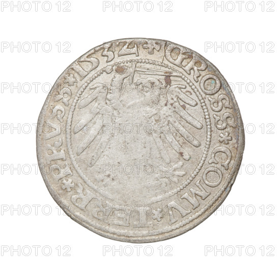 Prussian grosz, Sigismund I the Old (King of Poland; 1506–1548); silver coin (grosz), 1532, Torun, Poland. Obverse: Crowned male bust in profile turned to the right; in the rim between pearly borders an inscription: .SIGIS.I.REX.PO.DO.TOCI.PRVSS Rw. Reverse: The Eagle of Royal Prussia; in the rim between the pearl borders the inscription: .GROSS.COMV.TERR.PRVSS.153Z. Subjects/emblems: eagles, Jagiellonian dynasty, royal bust, male busts, heraldic eagle; iconography of Sigismund I the Old.
