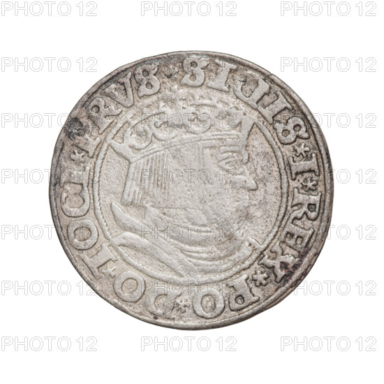 Prussian grosz, Sigismund I the Old (King of Poland; 1506–1548), 1532. Obverse: Crowned male bust in profile turned to the right; in the rim between pearl borders an inscription: .SIGIS.I.REX.PO.DO.TOCI.PRVS. Reverse: The Eagle of Royal Prussia; in the rim between the pearl borders the inscription: .GROSS.COMV.TERR.PRVSS.153Z. Materials: coin; subject: eagles, royal/male bust; iconography: Sigismund I the Old; place: Torun, Poland.