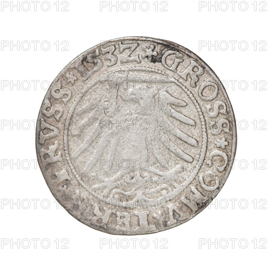 Prussian grosz, Sigismund I the Old (King of Poland; 1506–1548); silver coin, 1532. Obverse: Crowned male bust in profile turned to the right; rim inscription: .SIGIS.I.REX.PO.DO.TOCI.PRVS. Reverse: The Eagle of Royal Prussia; rim inscription: .GROSS.COMV.TERR.PRVSS.153Z. Torun, Poland. Subjects/attributes: eagles, Polish coins, Jagiellonians dynasty, emblems, Eagle (emblem), male/royal bust, iconography of Sigismund I the Old.