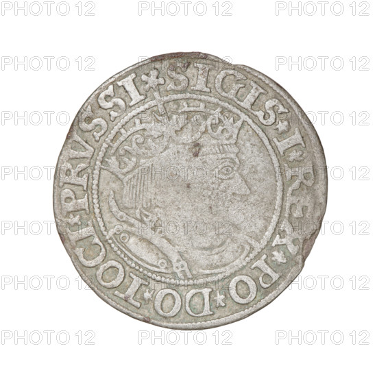 Prussian grosz, Sigismund I the Old (King of Poland; 1506–1548). Obverse: Crowned male bust in profile turned to the right; in the rim between pearl borders an inscription: .SIGIS.I.REX.PO.DO.TOCI.PRVSSI Rw. Reverse: The Eagle of Royal Prussia; in the rim between the pearl borders the inscription: .GROSS.COMV., ERR.PRVSS.153Z. Dated 1532. Torun, Poland. Subjects/emblems: eagles, Jagiellonian dynasty, royal bust; materials/style: coin, Polish coin, iconography of Sigismund I.