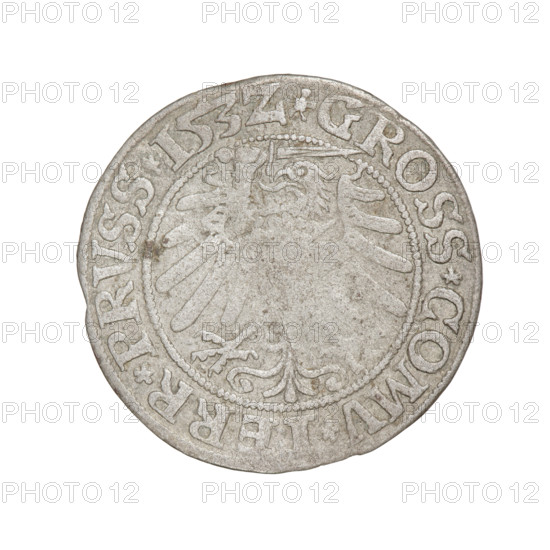 Prussian grosz, Sigismund I the Old (King of Poland; 1506–1548); 1532; Torun, Poland. Obverse: crowned royal bust of Sigismund I in profile to the right; rim inscription: .SIGIS.I.REX.PO.DO.TOCI.PRVSS Rv: Eagle of Royal Prussia; rim inscription: .GROSS.COMV., ERR.PRVSS.153Z. Subjects/emblems: eagles, royal bust, male busts, Jagiellonian dynasty, emblematic eagle. Materials: coin. Style: numismatic portraiture/iconography.