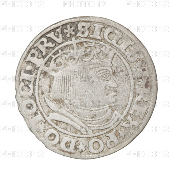 Prussian grosz, Sigismund I the Old (King of Poland; 1506–1548). Obverse: Crowned male bust in profile turned to the right; in the rim between pearly borders an inscription: .SIGIS.I.REX.PO.DO., OCI.PRV Rw. Reverse: The Eagle of Royal Prussia; in the rim between the pearl borders the inscription: .GROSS.COMV., .PRVSS.153Z. Dated 1532. Poland, Torun. Subjects/attributes: eagles, Polish coins, Jagiellonian dynasty, emblems, Eagle (emblem), male/royal bust, iconography of Sigismund I the Old.