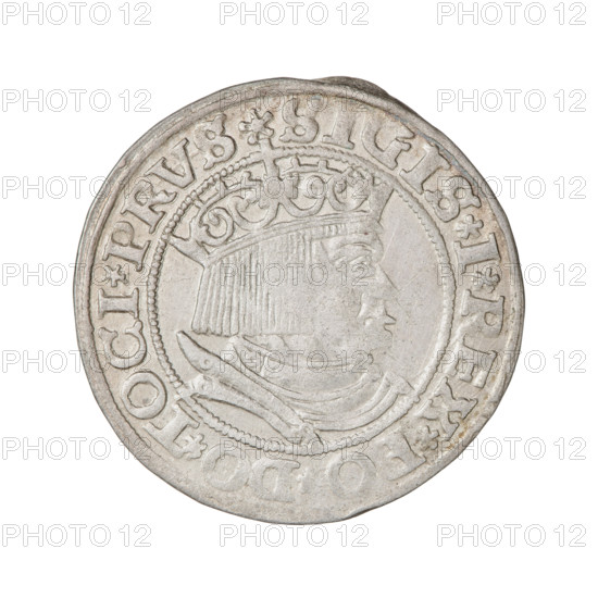 Prussian grosz, Sigismund I the Old (King of Poland; 1506–1548); silver coin, 1532, Torun, Poland. Obverse: crowned royal bust in profile facing right; rim inscription: .SIGIS.I.REX.PO.DO.TOCI.PRVS. Reverse: Eagle of Royal Prussia; rim inscription: .GROSS.C, MV.TERR.PRVSS, .153Z. Iconography: eagles, royal/male bust, Jagiellonian dynasty emblems.