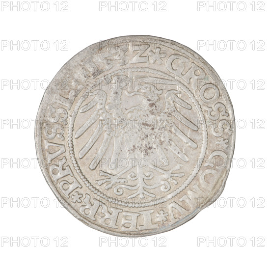 Prussian grosz, Sigismund I the Old (King of Poland; 1506–1548). Obverse: Crowned male bust in profile turned to the right; rim between pearl borders with inscription '.SIGIS.I.REX.PO.DO.TOCI.PRVS'. Reverse: The Eagle of Royal Prussia; rim between pearl borders with inscription '.GROSS.C, MV.TERR.PRVSS, .153Z, 1532'. Polish coin, Torun.