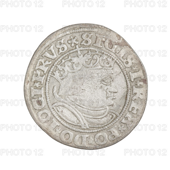 Prussian grosz, Sigismund I the Old (King of Poland; 1506–1548). Obverse: Crowned male bust in profile turned to the right, rim inscription: .SIGIS.I.REX.PO.DO.TOCI.PRVS. Reverse: The Eagle of Royal Prussia, rim inscription: .GROSS.COMV.TERR.PR., SS., Z., 1532. Coin from Torun, Poland. Subjects/tags: eagles, Polish coins, Jagiellonians (dynasty), emblems, Eagle (emblem), male busts, royal bust, Sigismund I the Old — iconography.