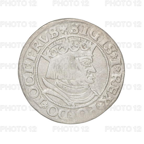 Prussian grosz, Sigismund I the Old (King of Poland; 1506–1548). Obverse: Crowned male bust in profile turned to the right; rim between pearly borders with inscription '.SIGIS.I.REX., .DO.TOCI.PRVS'. Reverse: The Eagle of Royal Prussia; rim between pearl borders with inscription '.GROSS.COMV.TERR.PRVSSIE.153Z'. Dated 1532. Torun, Poland. Subjects/emblems: eagles, Polish coins, Jagiellonian dynasty, emblems, male/royal bust; iconography of Sigismund I the Old.