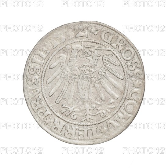 Prussian grosz, Sigismund I the Old (King of Poland; 1506–1548). Obverse: Crowned male bust in profile turned to the right, in the rim between pearly borders an inscription: .SIGIS.I.REX., .DO.TOCI.PRVS. Reverse: The Eagle of Royal Prussia, in the rim between the pearl borders the inscription: .GROSS.COMV.TERR.PRVSSIE.153Z. 1532. Torun, Poland. Subjects: eagles, Polish coins, Jagiellonian dynasty, emblems, Eagle (emblem), male/royal bust; iconography of Sigismund I the Old (1467–1548). Materials: coin.