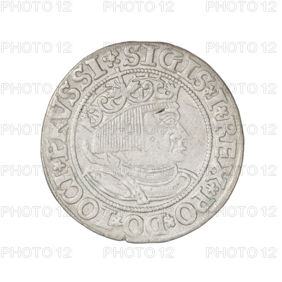 Prussian grosz, Sigismund I the Old (King of Poland; 1506–1548); obverse: crowned male bust in profile turned to the right, rim inscription: .SIGIS.I.REX.PO.DO.TOCI.PRVSSI Rw; reverse: the Eagle of Royal Prussia, rim inscription: .GROSS.COMV.TE, R.PRVSS.153Z; dated 1532; Torun, Poland; motifs: eagles, Jagiellonian emblems, royal bust; subject: Sigismund I the Old — iconography.