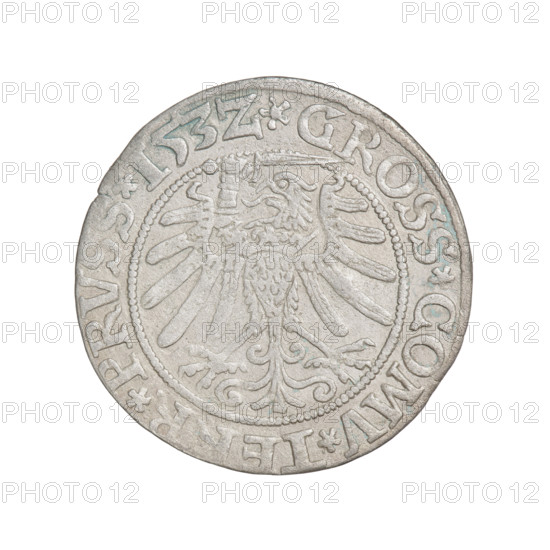 Prussian grosz, Sigismund I the Old (King of Poland; 1506–1548). Obverse: Crowned male bust in profile turned to the right; in the rim between pearl borders an inscription: .SIGIS.I.REX.PO.DO.TOCI.PRVSSI Rw. Reverse: The Eagle of Royal Prussia; in the rim between the pearl borders the inscription: .GROSS.COMV.TE, R.PRVSS.153Z, 1532. Poland, Torun. Subjects/themes: eagles, Polish coins, Jagiellonians (dynasty), emblems, Eagle (emblem), male/royal bust, Sigismund I the Old — iconography. Materials/style: coin.
