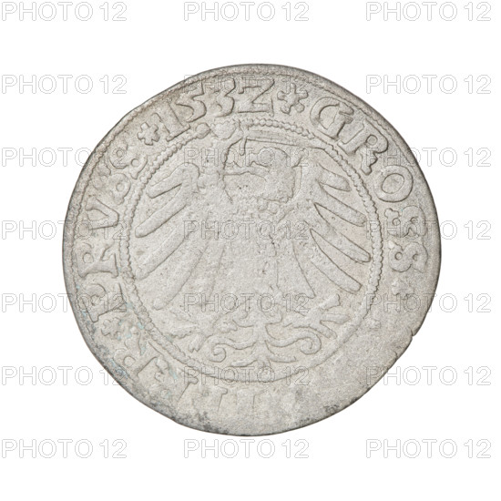 Prussian grosz, Sigismund I the Old (King of Poland; 1506–1548). Obverse: Crowned male bust in profile turned to the right; rim inscription: .SIGIS.I.REX.PO.DO.TO, VS Rw. Reverse: The Eagle of Royal Prussia; rim inscription: .GROSS., ERR.PRVSS.153Z, dated 1532. Coin minted in Torun, Poland.