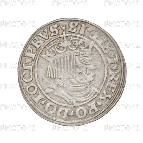 Prussian grosz, Sigismund I the Old (King of Poland; 1506–1548); obverse: crowned male bust in profile turned right, rimmed by pearl-shaped borders with inscription '.SI. I.REX.PO.DO.TOCI.PRVS'; reverse: the Eagle of Royal Prussia, rimmed by pearl-shaped borders with inscription '.GROSS.COMV.TE, PRVSS.153Z, 1532'; Polish coin, Torun; motifs: eagles, Jagiellonian dynasty emblems, male/royal bust; iconography of Sigismund I the Old.