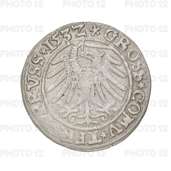 Prussian grosz, Sigismund I the Old (King of Poland; 1506–1548); obverse: crowned male bust in profile turned to the right, rim inscription between pearl-shaped borders: .SI, .I.REX.PO.DO.TOCI.PRVS Rw.; reverse: the Eagle of Royal Prussia, rim inscription between pearl-shaped borders: .GROSS.COMV.TE, PRVSS.153Z; dated 1532; Torun, Poland; emblems: eagles; subjects: male/royal bust; dynasty: Jagiellonians; style: coin iconography.