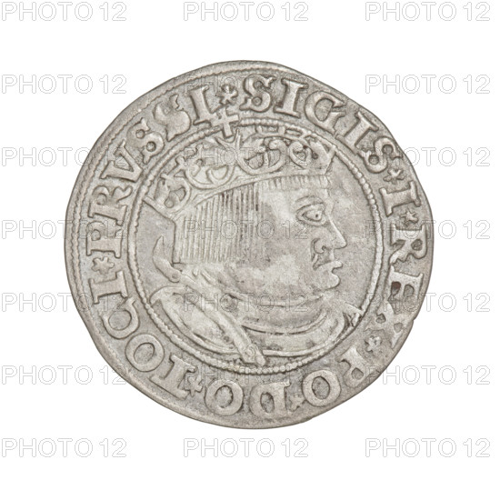 Prussian grosz, Sigismund I the Old (King of Poland; 1506–1548). Obverse: Crowned male bust in profile turned to the right; in the rim between pearl borders an inscription: .SIGIS.I.REX.PO.DO.TOCI.PRVSSI Rw. Reverse: The Eagle of Royal Prussia; in the rim between the pearl borders the inscription: .GROSS.COMV.TERR.PRVSS.153Z. 1532. Poland, Torun. Subjects/emblems: eagles, Jagiellonian dynasty, royal bust, inscriptions; iconography of Sigismund I the Old. Materials/style: coin.