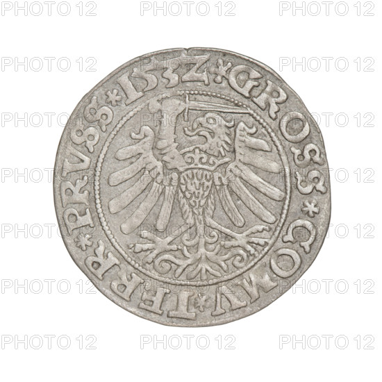 Prussian grosz, Sigismund I the Old (King of Poland; 1506–1548); 1532; Torun, Poland. Obverse: Crowned male bust in profile turned to the right, in the rim between pearl borders an inscription: .SIGIS.I.REX.PO.DO.TOCI.PRVSSI Rw. Reverse: The Eagle of Royal Prussia, in the rim between the pearl borders the inscription: .GROSS.COMV.TERR.PRVSS.153Z. Subjects/emblems: eagles, Jagiellonian dynasty, emblems, Eagle (emblem), male/royal bust; iconography of Sigismund I the Old. Materials: coin.