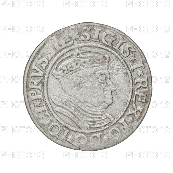 Prussian grosz, Sigismund I the Old (King of Poland; 1506–1548); silver coin, 1534. Obverse: Crowned male bust in profile facing right; rim inscription: .SIGIS.I.REX.PO.DO.TOCI.PRVSSIE. Reverse: Eagle of Royal Prussia; rim inscription: ., SS.COMV.TERR.PRVSSIE. Mint: Torun, Poland. Subjects/emblems: eagles, Jagiellonian dynasty, emblems, royal/male bust; iconography of Sigismund I.